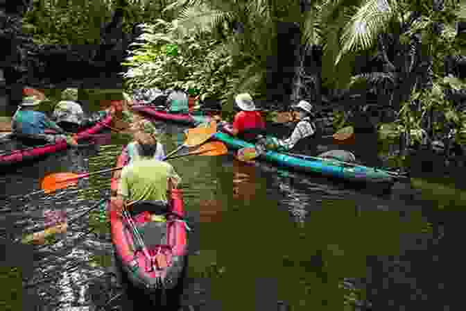 A Group Of People Kayaking Down A Serene River Surrounded By Lush Vegetation. A Place By The River